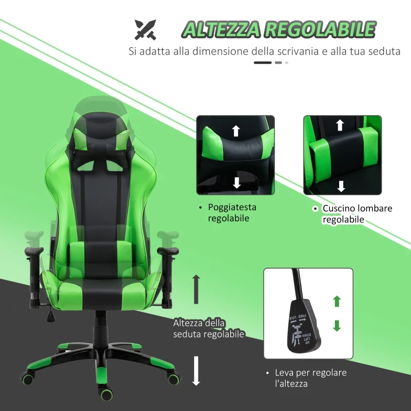HOMCOM Fotoliu de Birou Gaming Rotativ Reclinabil in Piele Sintetica, Negru si Verde