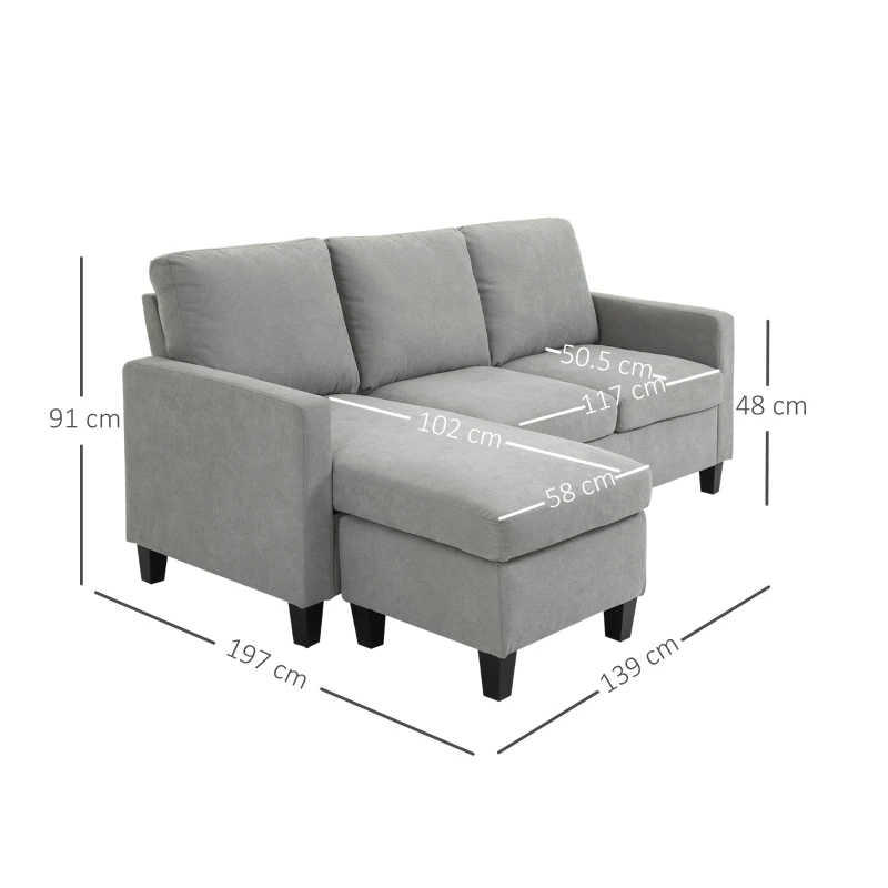 Homcom Canapea Colt 3 Locuri Modulara din Material Textil – Gri Modern(m-3)