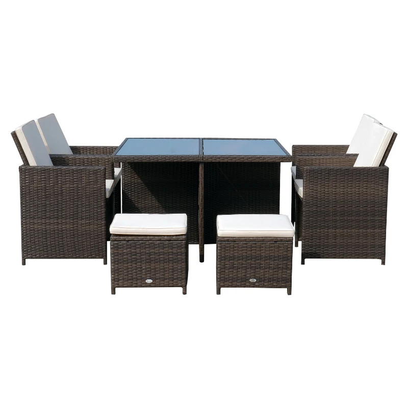 Outsunny Set Mobilier PE Rattan Masa de Pranz, 4 Scaune si 4 Taburet cu Perne,Maro