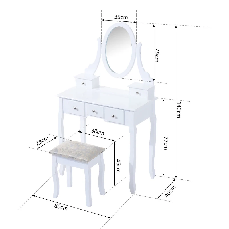 HomCom Tavolo da Trucco Mobile da Toletta Specchiera con Sgabello Specchio Girevole in Legno Bianco