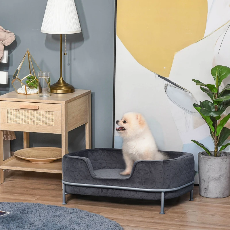 PawHut Canapea pentru câini și pisici, din catifea, cu bază metalică, 63.5x43x24.5cm – gri închis