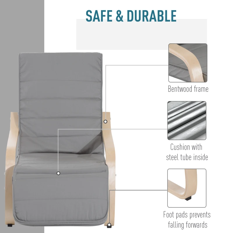 HOMCOM Fotoliu Relax cu Suport pentru Picioare pe 5 Niveluri si Tetiera din Lemn de Mesteacan