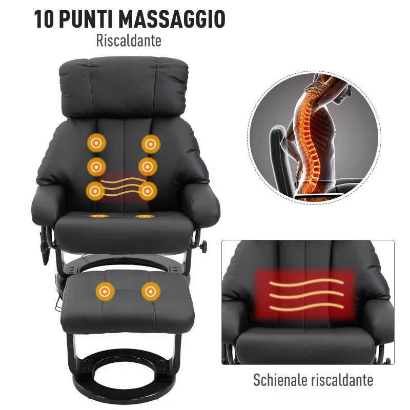 Homcom Fotoliu Rabatabil Masaj Incalzire din Piele Sintetica si Lemn Taburet Inclus Negru