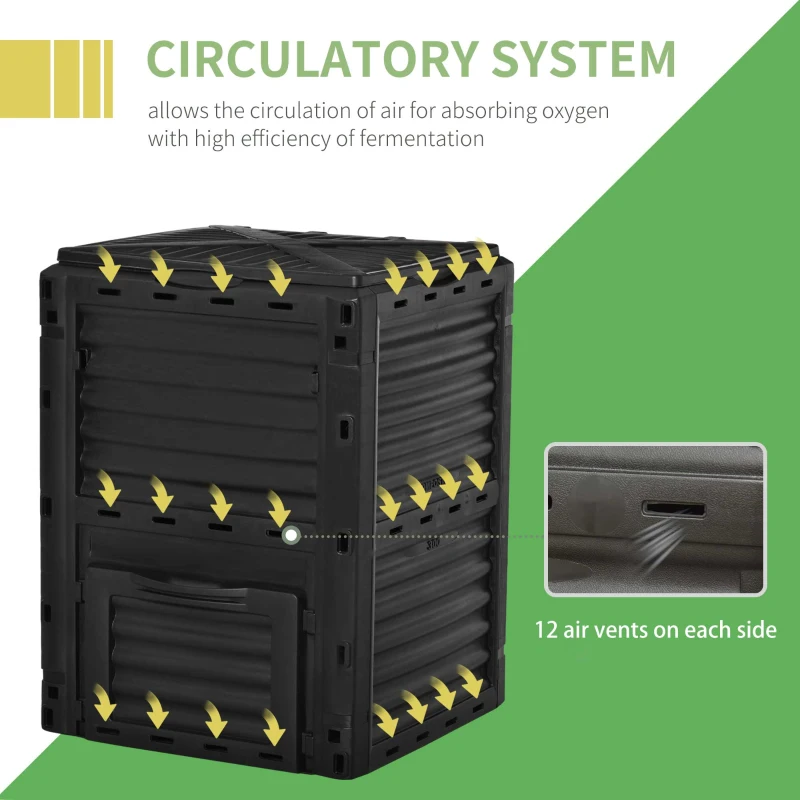 Outsunny Compostor de Gradina 300L din Plastic, cu Capac Negru