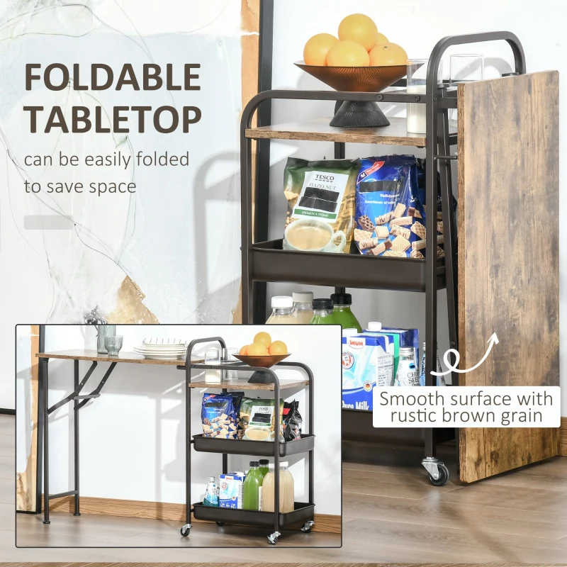 HOMCOM Carucior de bucatarie in stil industrial 3 rafturi etajere pliabile culoare maro