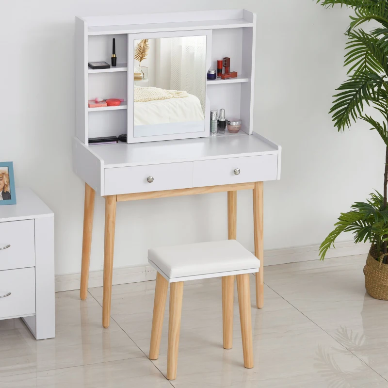 HOMCOM Set de toaleta cu usa glisanta 2 sertare compartimente de depozitare scaun tapitat