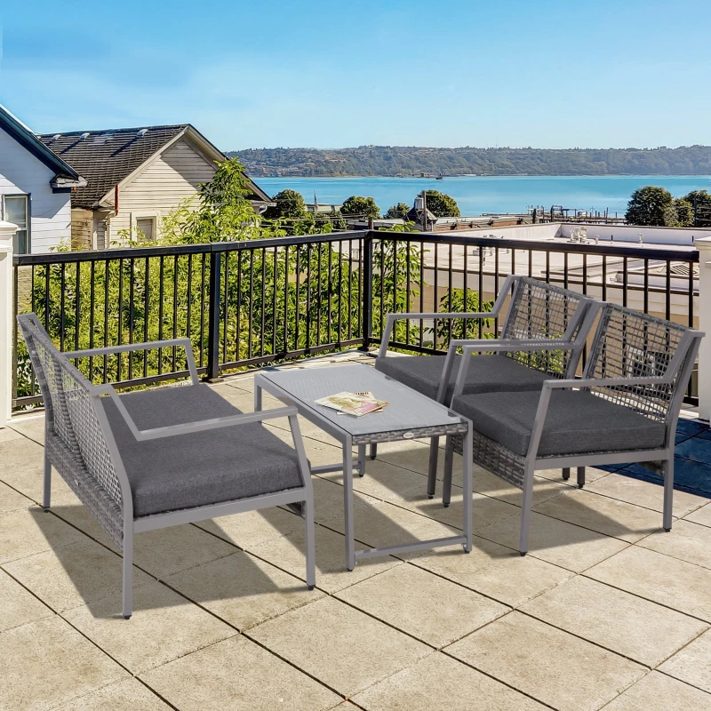 Outsunny Set Mobilier pentru Extern Canapea si Fotolii cu Masuta in PE Rattan si Aluminiu Gri