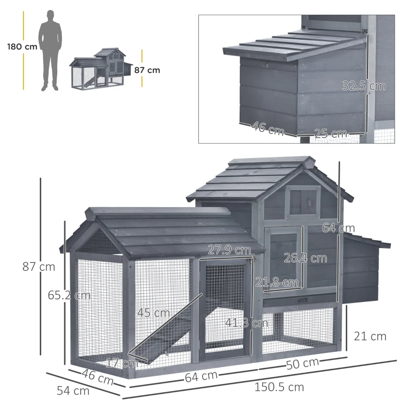 PawHut Coteț prefabricat din lemn pentru 2 găini cu gard și cuibar pentru ouat, 150.5x54x87cm