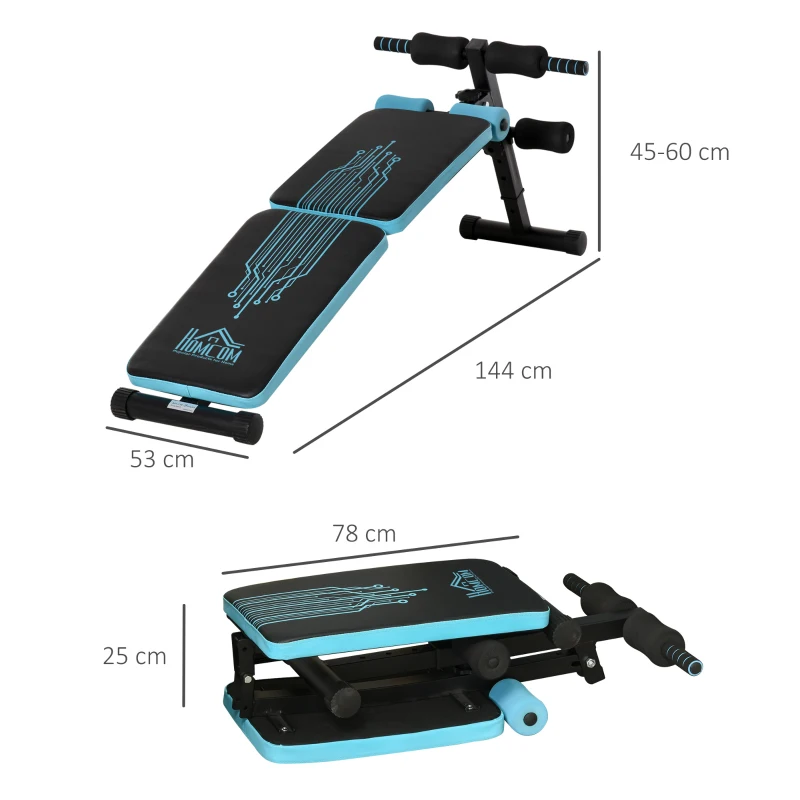 Homcom Banca multifunctionala pentru abdomene Spatar reglabil, 144x53x45-60 cm, Albastru/Negru