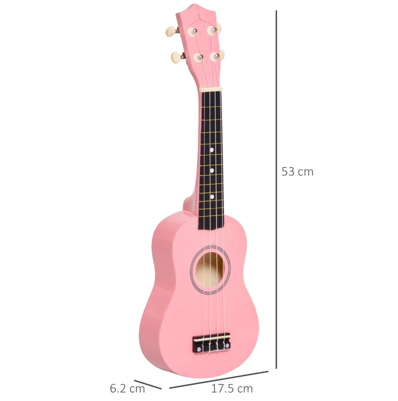 HOMCOM Ukulele Soprano de 53cm din Lemn 4 Cozi din Nylon Accesorii Incluse Roz