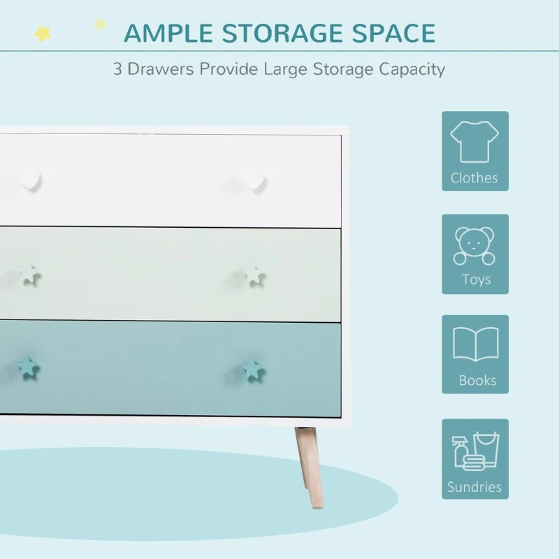 Homcom Mobilier Comoda cu Picioare din Lemn de Pin 3 Sertare Alb si Albastru 90 x 42 x 80cm