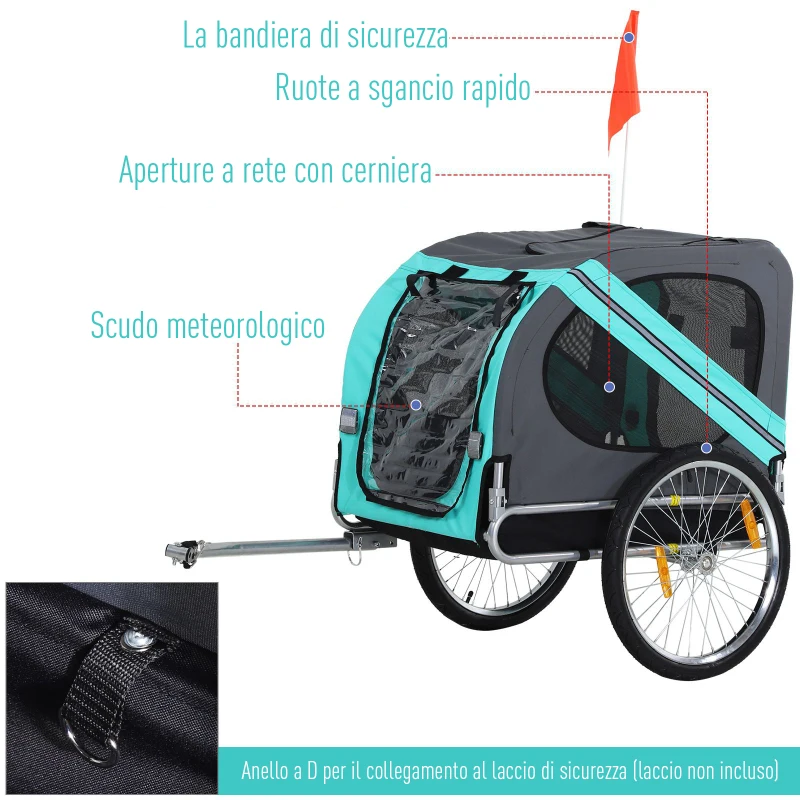 PawHut Rimorchio per Bicicletta per Animali Domestici Ruota 50 cm Impermeabile Azzurro Grigio