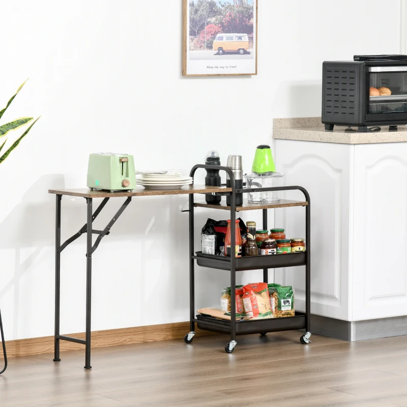 HOMCOM Carucior de bucatarie in stil industrial 3 rafturi etajere pliabile culoare maro