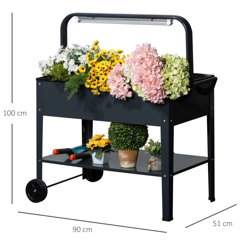 Outsunny suport plante, cu rafturi, lampa LED, 90x51x100cm, gri