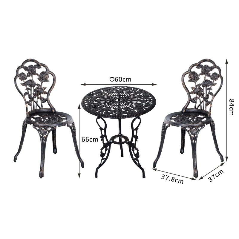 Outsunny Set Tavolo e due Sedie da Giardino in Stile Rétro con Decorazioni Floreali Color Bronzo