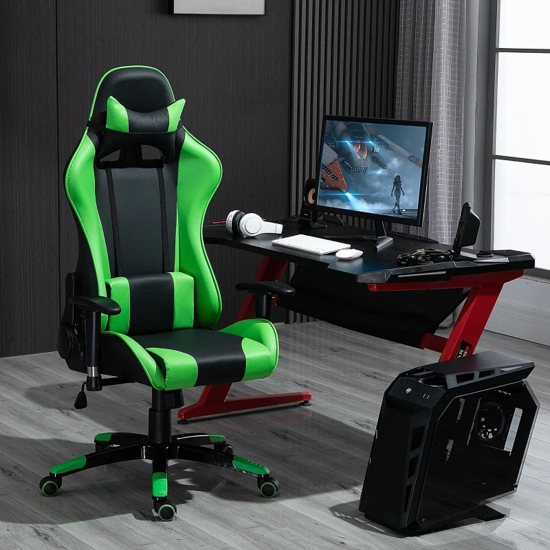 HOMCOM Fotoliu de Birou Gaming Rotativ Reclinabil in Piele Sintetica, Negru si Verde