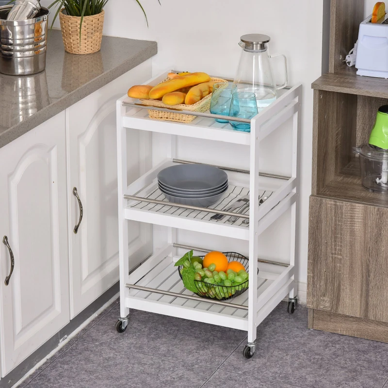 HOMCOM Carucior de Bucatarie Economisire Spatiu din Lemn Alb cu 3 Etajere 4 Roti 360°