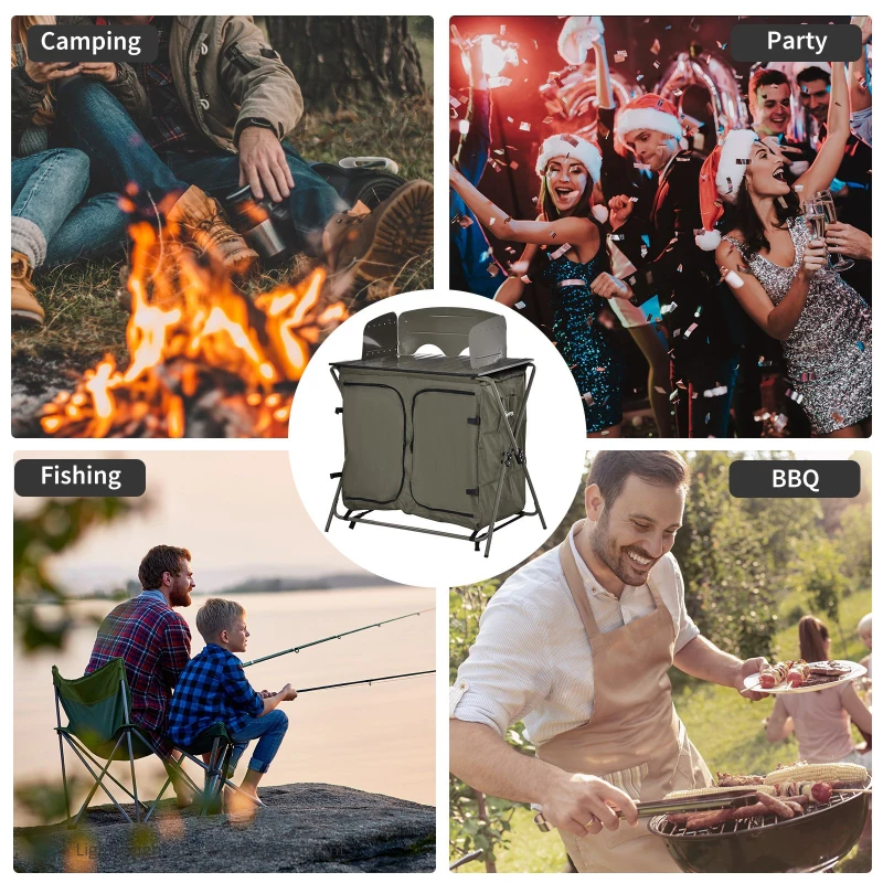 Outsunny Masa de camping tip dulap, Pliabila, Geanta de calatorie, 94x57x109cm, Verde