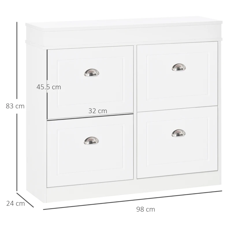 HOMCOM Dulap de Pantofi cu 4 Sertare, Deschidere Batantă și Etajeră Reglabilă, 98x24x83 cm, Alb(m-3)