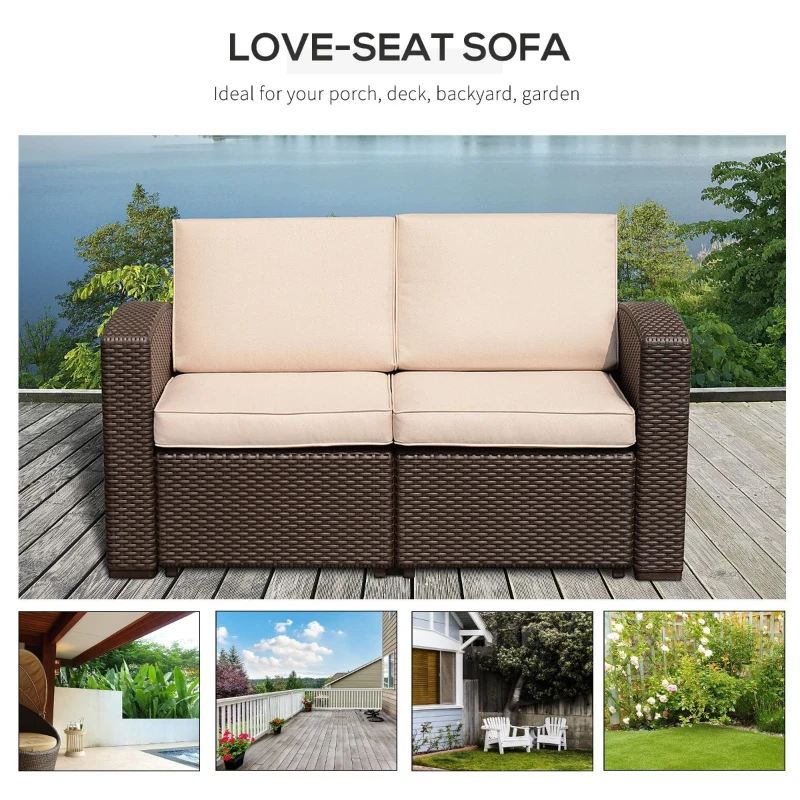 Outsunny Canapea in 2 Locuri in PE Rattan cu Perna, Maro, 141x71x75cm