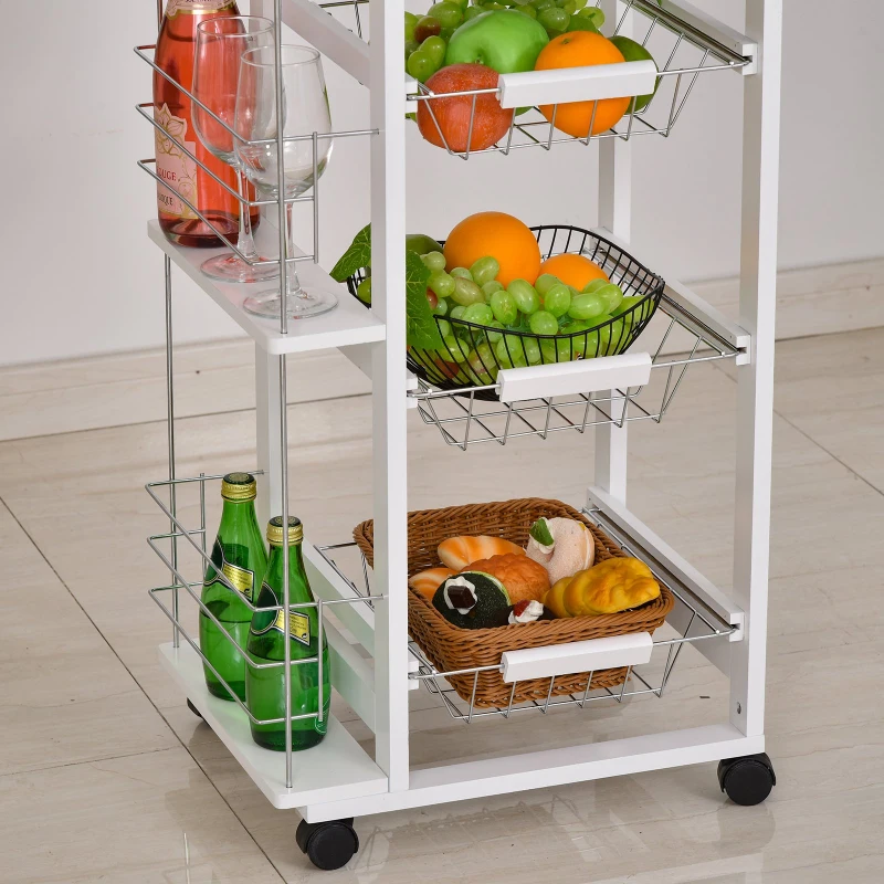 HOMCOM Carucior de Bucatarie cu Economisire de Spatiu din Lemn Alb cu 4 Roti 3 Cosuri Detasabile