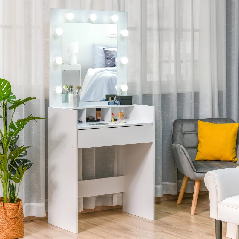 HOMCOM Masuta de Toaleta pentru Camera cu Oglinda 9 Lumini LED Sertar si Compartimente Deschise Alb