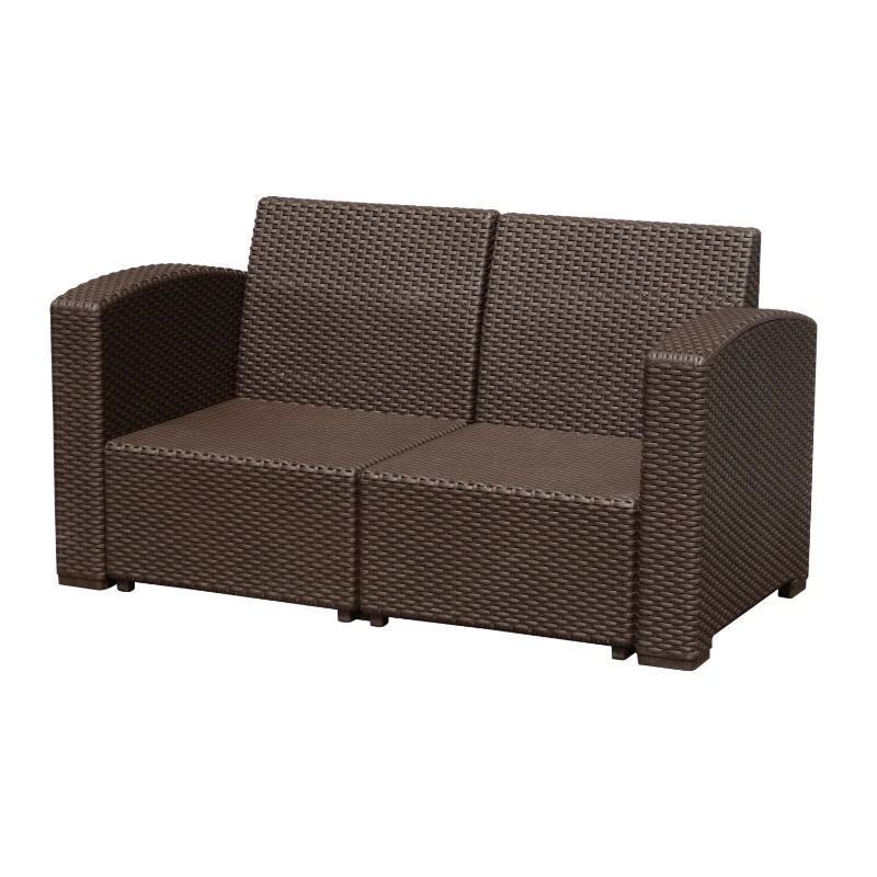 Outsunny Canapea in 2 Locuri in PE Rattan cu Perna, Maro, 141x71x75cm