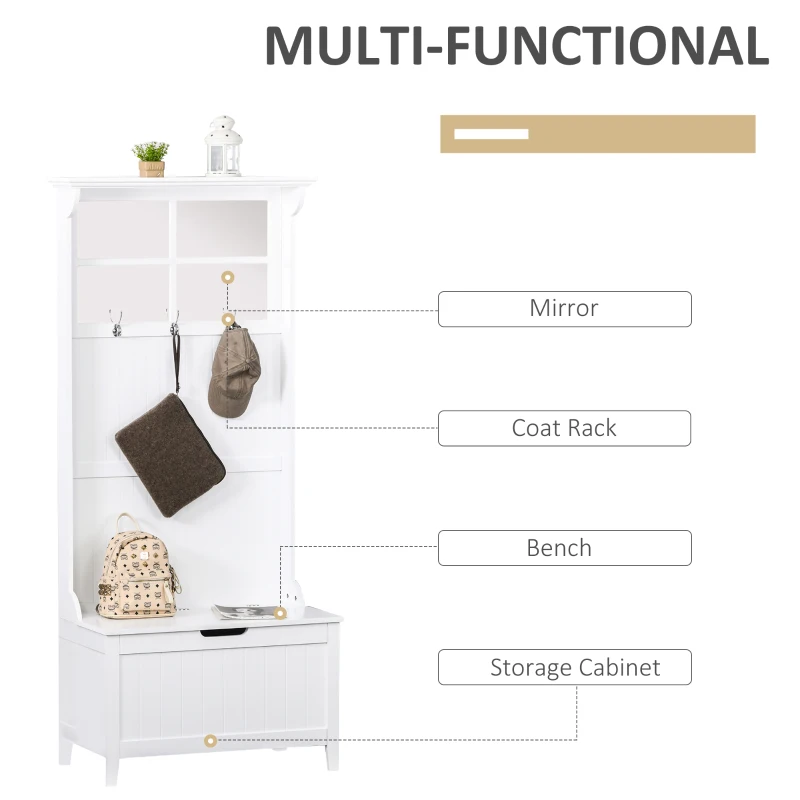 HOMCOM Mobilier Cuier de Perete cu Bancuta tip cufar cu 3 Agatatori Polita Oglinzi Alb