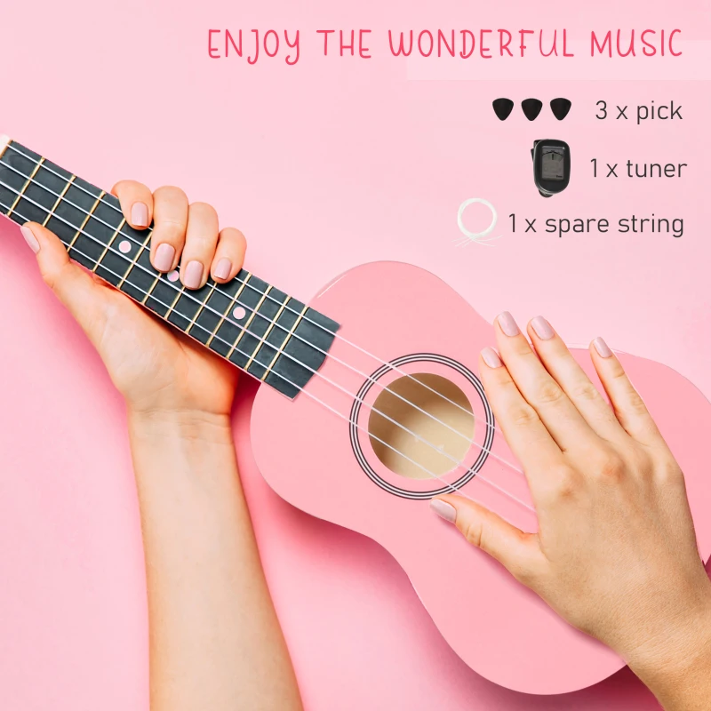 HOMCOM Ukulele Soprano de 53cm din Lemn 4 Cozi din Nylon Accesorii Incluse Roz