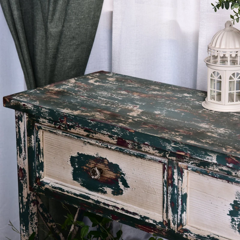 Homcom Masa Consola din Lemn de Brad cu Efect Vintage cu 2 Sertare 110x38x90 cm