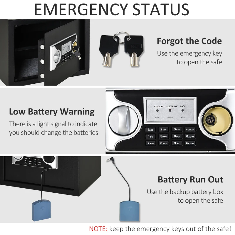 HomCom, mini seif electronic, cod, cheie, alarma, 38x30x30cm