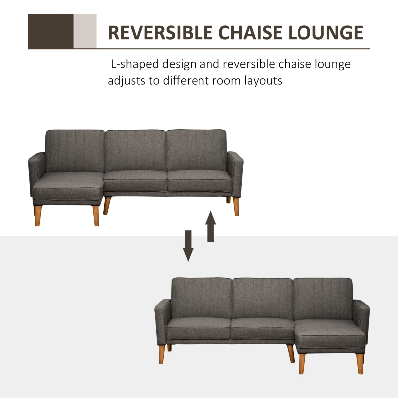 HOMCOM Canapea extensibila de colt cu peninsula din lemn si material textil culoare gri