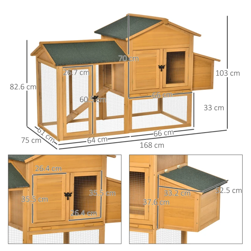 PawHut Cote din Lemn cu Casuta pentru Gaini, Spatiu Deschis si Plasa, 168x75x103 cm(m-3)