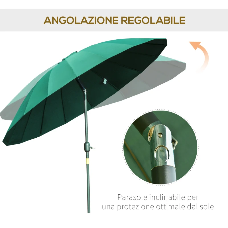 Outsunny Umbrela de gradina si terasa cu manivela, 18 spite si parte inclinabila, Ф255cm, verde