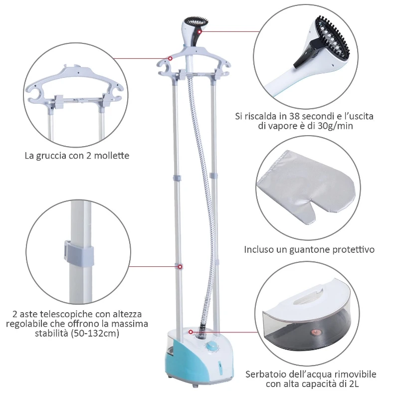 HomCom Fier de Calcat cu Vapor Vertical 2L 1800W Tija Telescop Refractor