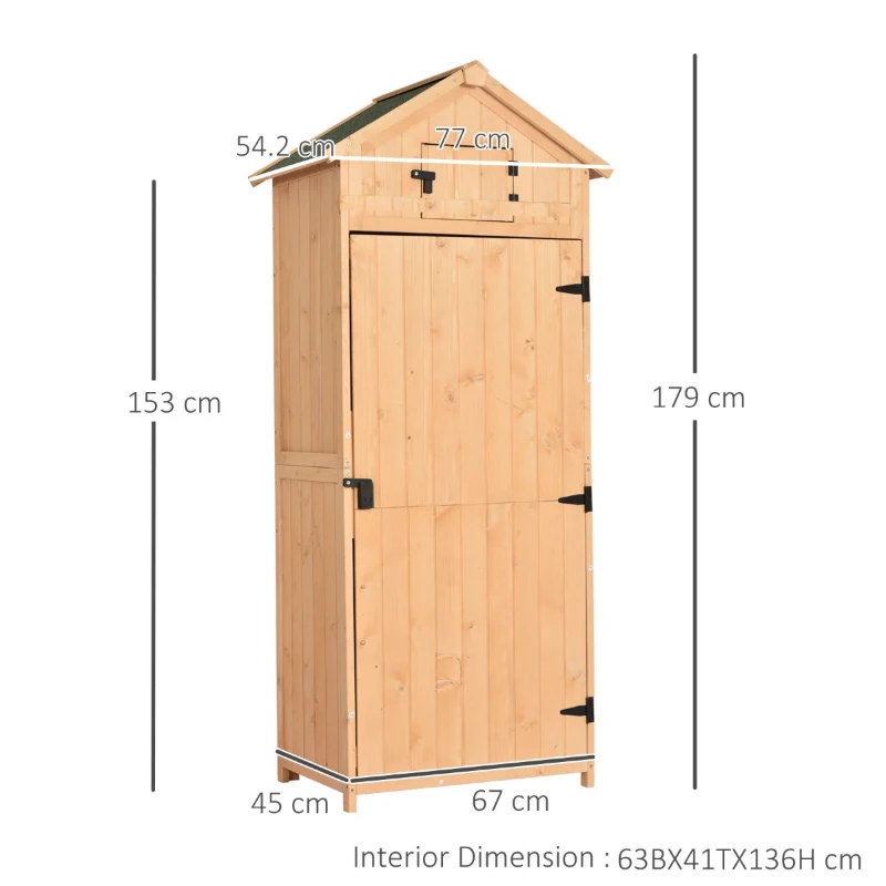Outsunny Dulap de Gradina Extern Pentru Scule Ustensile in Lemn cu 3 Rafturi Acoperis Impermeabil 77 × 54.2 × 179cm Lemn Natural