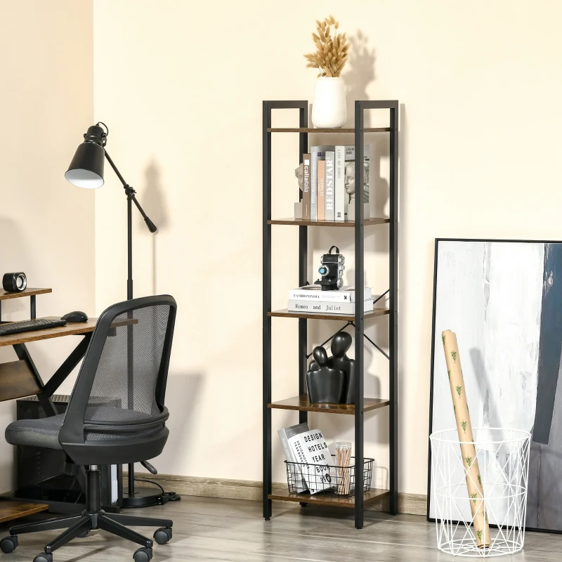 HOMCOM Bibliotecă stil industrial cu 5 rafturi din lemn și oțel, 40x30x154cm - Maro rustic