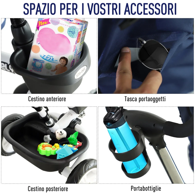 Homcom Tricicleta Carucior pentru Copii cu Maner Acoperis pentru Ploaie Reglabil si Cos, Albastru