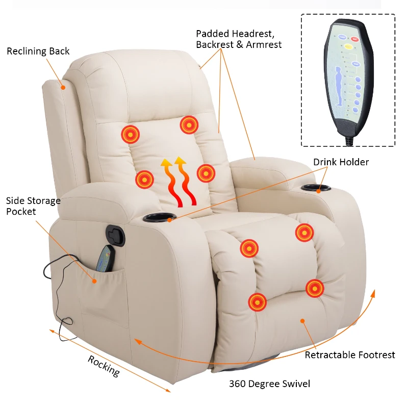 HOMCOM Fotoliu Masaj Rabatabil in Piele Sintetica Bej 8 Zone de Masaj si cu Telecomanda