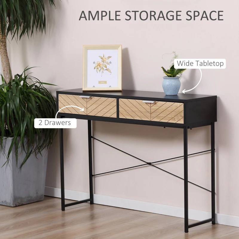 Consola Moderna HOMCOM pentru Hol si Sufragerie cu 2 Sertare Metalice 100x30x75cm - Negru