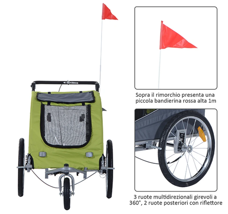 Pawhut Remorca Bicicleta Caini – 130×90×110 cm, Verde & Ventilata