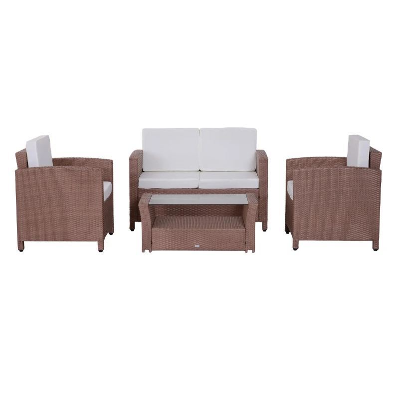 Outsunny Set Mobilier de Grădină din Polyratan 4buc Măsuță, Canapea și 2 Fotolii cu Perne Maro deschis