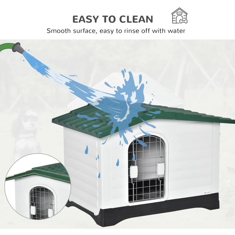 PawHut Casuta pentru caini in Plastic cu Usa si Fereastra 91x69x66cm Verde/Negru/Alb