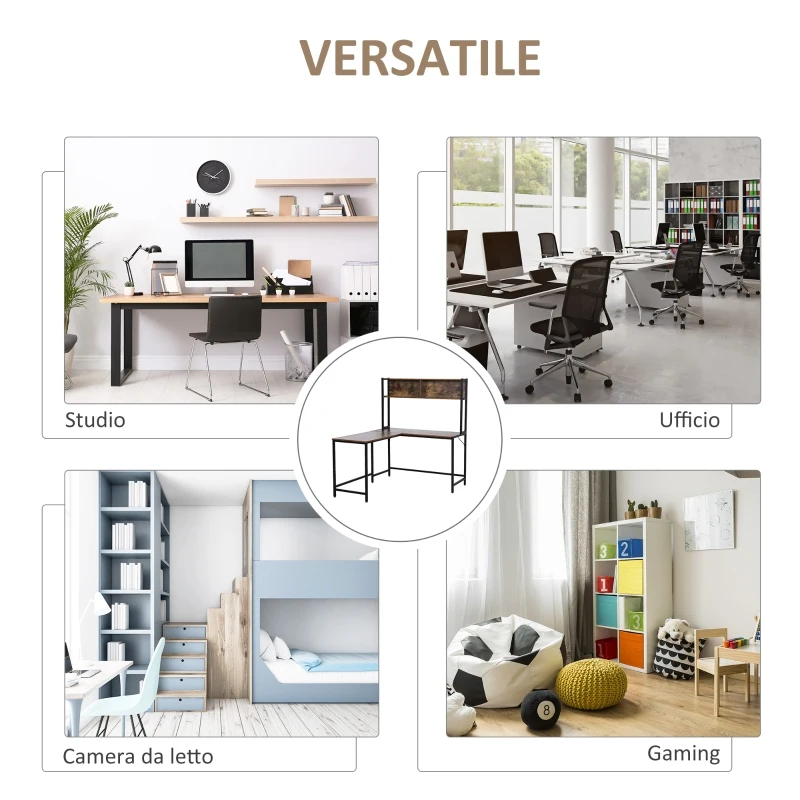 HomCom birou de colt, stil industrial, cu raft, 140x125x149 cm