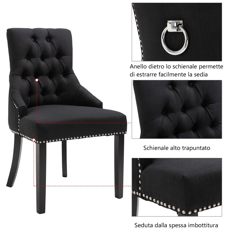 Homcom Scaun pentru Pranz Eleganta Captusita Invelis din Lin cu Nasturi Matlasati Negru