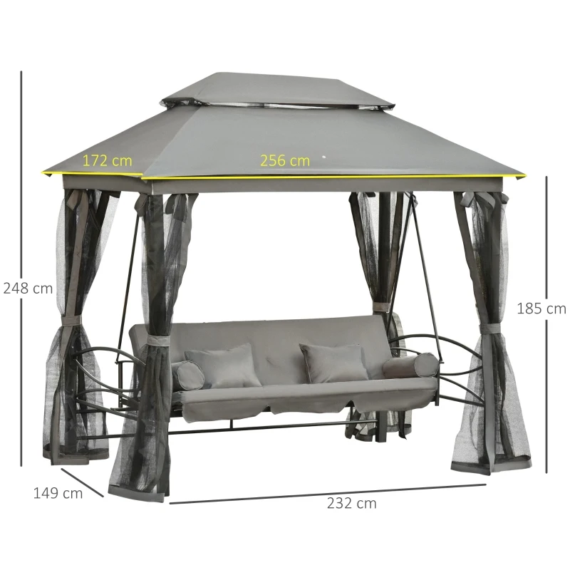 Outsunny Balansoar 3 Locuri si Sezlong cu Copertina tip Foisor cu Plasa Impotriva Tantarilor si Perne(m-3)