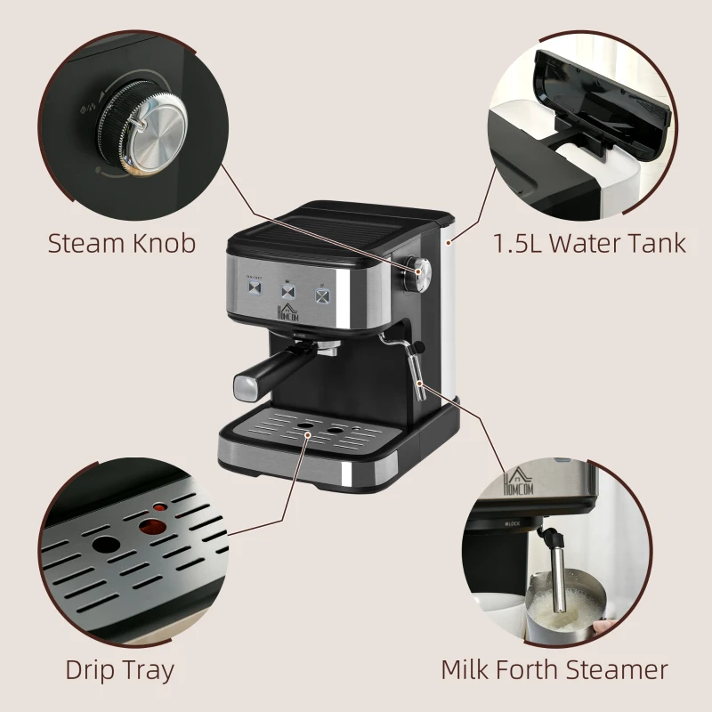 Aparat Cafea Espresso si Cappuccino HOMCOM, 850 W si 15 bar, Rezervor Detasabil, 35.5x21x29cm | AOSOM.it