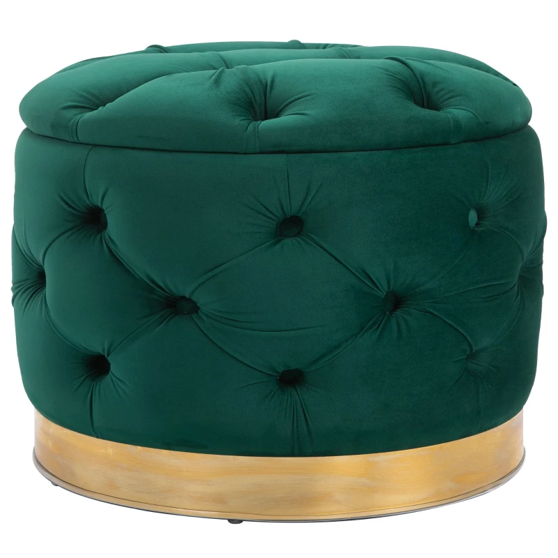 Homcom Puf Rotund cu Compartiment de Depozitare si Capac Detasabil din Catifea Verde cu Efect Matlasat si Baza Aurie