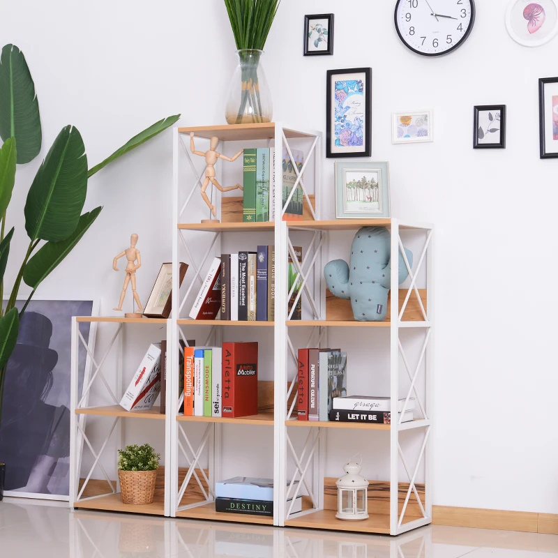 HOMCOM Mobilier Rastel Librarie 3 Rafturi cu Schelet in Otel Alb si Rafturi in Lemn 40x35x72.5cm