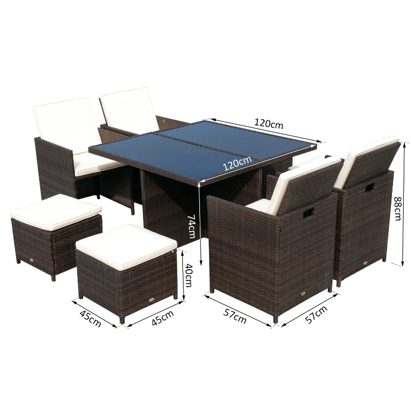 Outsunny Set Mobilier PE Rattan Masa de Pranz, 4 Scaune si 4 Taburet cu Perne,Maro